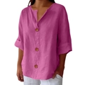 Detail of rose purple linen cotton top showing V-neck and button placket design - S / Pink