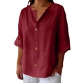 Detail of V-neck opening with three wooden buttons on burgundy linen cotton shirt - S / Burgundy