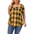 Détail de la tunique à carreaux grande taille avec col rond et ourlet plissé à la taille - XL / Hauts / Jaune