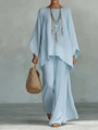 Elegante conjunto azul claro de mujer con top holgado y pantalones anchos de algodón y lino - Azul cielo