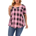 Haut grande taille pour femmes à carreaux vichy rose et noir avec manches courtes - XL / Hauts / Rose