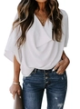 Women's white chiffon V-neck blouse with loose batwing sleeves and casual fit - S / Tops / White