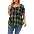 Tunique grande taille femme à carreaux noirs et verts avec col rond et taille empire plissée - XL / Hauts / Vert Militaire