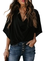 Elegant black cowl neck chiffon blouse for women with loose fit and casual short sleeves - S / Tops / Black