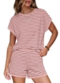 Ensemble détente rayé rose pour femmes avec t-shirt et short à cordon, style décontracté - S / Haut Et Bas / Rayé Rose