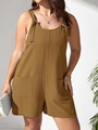 Women's summer strap romper in earth-tone fabric with adjustable tie shoulders and big pockets - Coffee