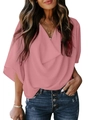 Elegant women's pink chiffon V-neck blouse with draped front and loose batwing sleeves - S / Tops / Pink