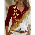 Top da donna con scollo a V, stampa a farfalla e design patchwork a righe asimmetriche - S / Rosso