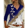 T-shirt da donna a maniche lunghe con scollo a V, stampa a farfalla e design color-block oro - S / Blu