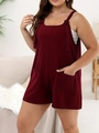 Plus size wine red wide-leg sleeveless romper with functional large front pockets - Burgundy