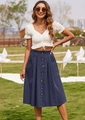 Close-up of high-waist A-line skirt with button detail and white embroidery top - S / Dark Blue