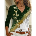Top a maniche lunghe con scollo a V da donna con stampa a farfalla e design color block verde - S / Verde
