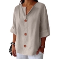 Women's V-neck linen t-shirt in oatmeal khaki with decorative oversized buttons - S / Khaki