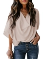 Elegant beige chiffon V-neck blouse with loose batwing sleeves and draped pleated details - Apricot