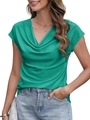 Women cowl neck short sleeve top in emerald green with ribbed texture fabric - S / Lake Green