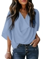 Light blue short sleeve chiffon top with elegant draped V-neck for a casual daily look - Sky Blue