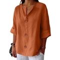 Women's loose V-neck linen shirt in orange brick color with three large wooden buttons - S / Orange