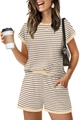 Pyjama deux pièces rayé pour femme avec haut à col rond et short en marron café et beige - S / Haut Et Bas / Beige Rayé Marron