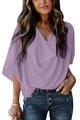 Women's purple V-neck chiffon blouse with elegant draped fabric and loose sleeves - Light Purple