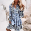 Women's summer floral print mini dress with long layered bell sleeves and a V-neckline - S / Light Blue