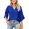 Detail of royal blue chiffon top with layered ruffle sleeves and a stylish V-neckline - S / Sapphire Blue