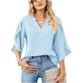Detailed view of light blue chiffon top featuring elegant V-neck and layered flutter sleeves - S / Sky Blue