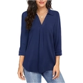 Elegante marineblauwe chiffon blouse met V-hals, plooidetails en stijlvolle 3/4 mouwen - S / Donkerblauw