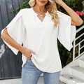 Elegant white V-neck chiffon blouse featuring layered ruffle sleeves for women - S / White