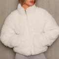 White teddy fleece jacket for women with high collar and front zipper closure - S / Tops / Off White