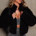 Women's black teddy faux fur jacket with silver zipper and stylish stand collar - S / Tops / Black