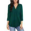 Elegante blusa de gasa verde oscuro con cuello en V y manga francesa para un estilo formal - S / Verde