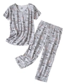 Flat lay of light grey short sleeve V-neck pajama set with coffee prints and Good Morning text - S / Top And Bottom / Grey Coffee