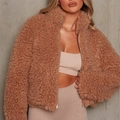 Women's warm teddy fleece cropped jacket in brown featuring a stand collar and metal zipper - S / Tops / Camel
