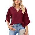 Detail of burgundy V-neck chiffon top featuring multi-layer ruffle bell sleeves for women - S / Burgundy