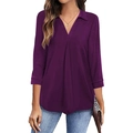 Detail der eleganten dunkelvioletten Chiffonbluse mit V-Ausschnitt, Falten und Dreiviertelarm - 3XL / Rot