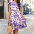 Women's summer purple floral tiered dress with ruffle sleeves and A-line bohemian style - S / Violet