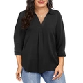 Elegante schwarze V-Ausschnitt Chiffonbluse mit Plisseefalten und Dreiviertelarm - 1XL / Schwarz