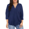 Detailansicht der dunkelblauen V-Ausschnitt Chiffonbluse mit Falten und 3/4-Ärmeln - 1XL / Dunkelblau