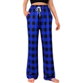 Women's plaid lounge pants with elastic drawstring waist and straight leg fit - S / Dark Blue