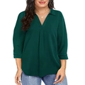 Dunkelgrüne Damen-Chiffonbluse mit V-Ausschnitt, 3/4 Ärmeln und eleganten Falten - 1XL / Grün