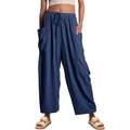 Pantaloni larghi in lino blu navy da donna con vita elastica e tasche laterali capienti - Blu scuro