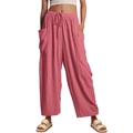 Pantaloni da donna a gamba larga in cotone e lino con vita alta e coulisse - Rosa