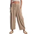 Women's high waist wide leg cotton linen trousers with elastic drawstring and cargo pockets - S / Bottoms / Khaki