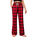 Women's red and black buffalo plaid lounge pants with drawstring and wide leg fit - S / Red