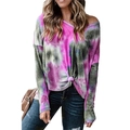 Tie-dye V-neck waffle knit long sleeve top with stylish side knot detail for women - S / Rose Red