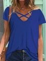 Detailed view of women's blue V-neck T-shirt with stylish criss-cross neckline detail - S / Blue