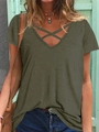 Detail of olive green women's summer T-shirt featuring a stylish crossover V-neck design - S / Army Green