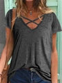 Close-up of dark grey V-neck T-shirt with decorative crisscross straps and marled texture - S / Gray