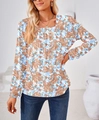 Detalle de top azul claro con cuello cuadrado y estampado de cachemira naranja y manga larga - S / Marrón