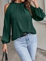 Detail of elegant forest green cold shoulder top with ruffled neckline and pleated texture - S / Dark Green